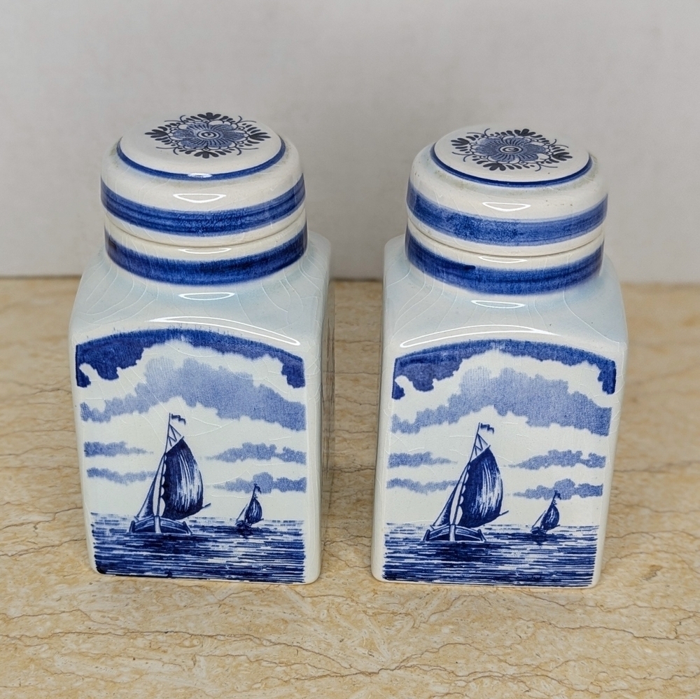 Vintage Pair Blue Delft Spice Jars Ceramic Lidded Holland Canisters - Picture 5 of 11